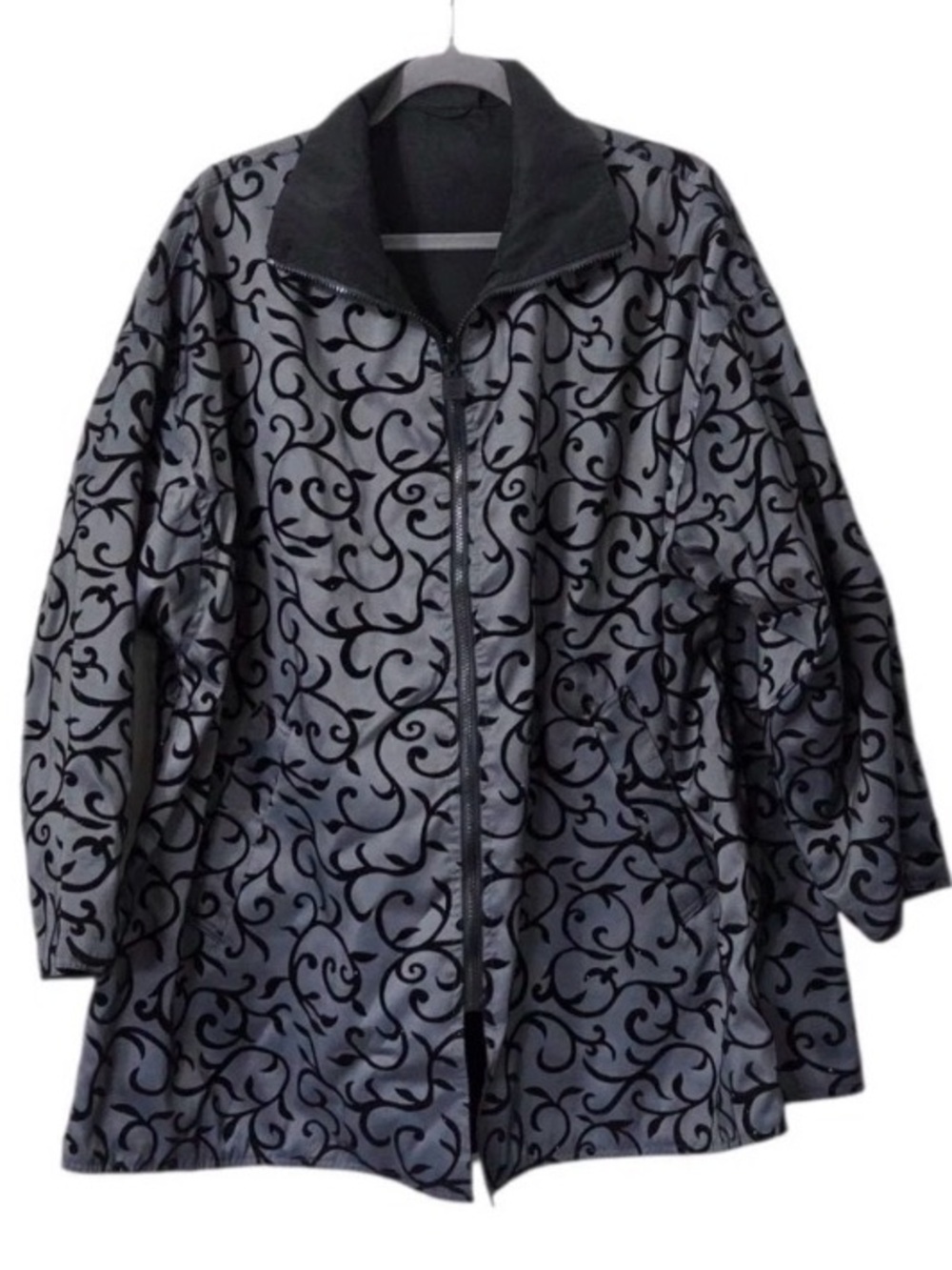 Vintage SACKABLES Women's Reversible Black/Black Scroll Zip-Up Rain Swing Coat-M